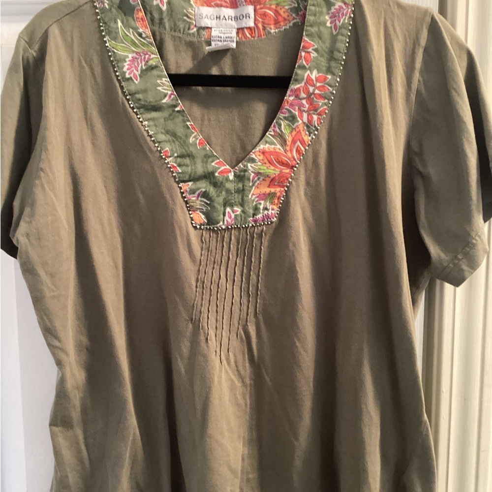 Sag Harbor Olive Green Short-Sleeve Tunic with Floral V-Neck